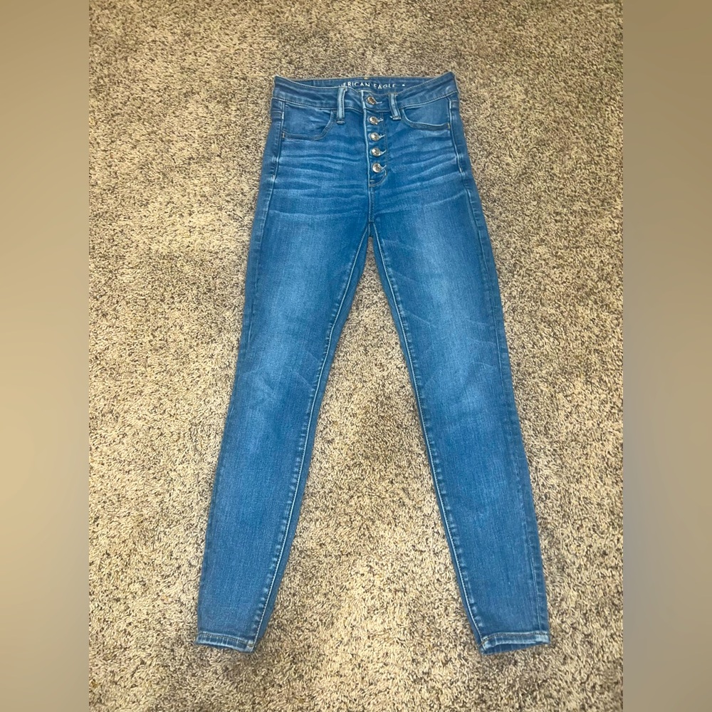 American Eagle Outfitters blue wash high rise skinny jeans. Size 2 short.